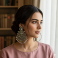 The "Chhaya" Artisan Oxidized Fan & Muted Grey Pearl Earrings
