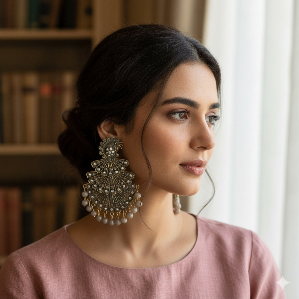The "Chhaya" Artisan Oxidized Fan & Muted Grey Pearl Earrings