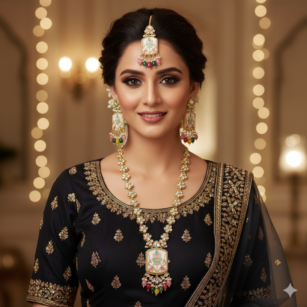 Vibrant Multi-Color Kundan Polki Meenakari Long Necklace Set with Matching Earrings & Maang Tikka