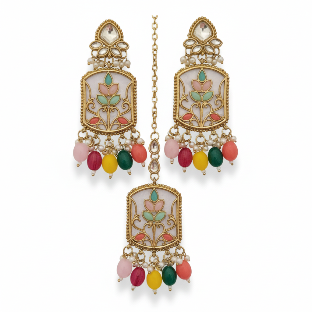 Vibrant Multi-Color Kundan Polki Meenakari Long Necklace Set with Matching Earrings & Maang Tikka