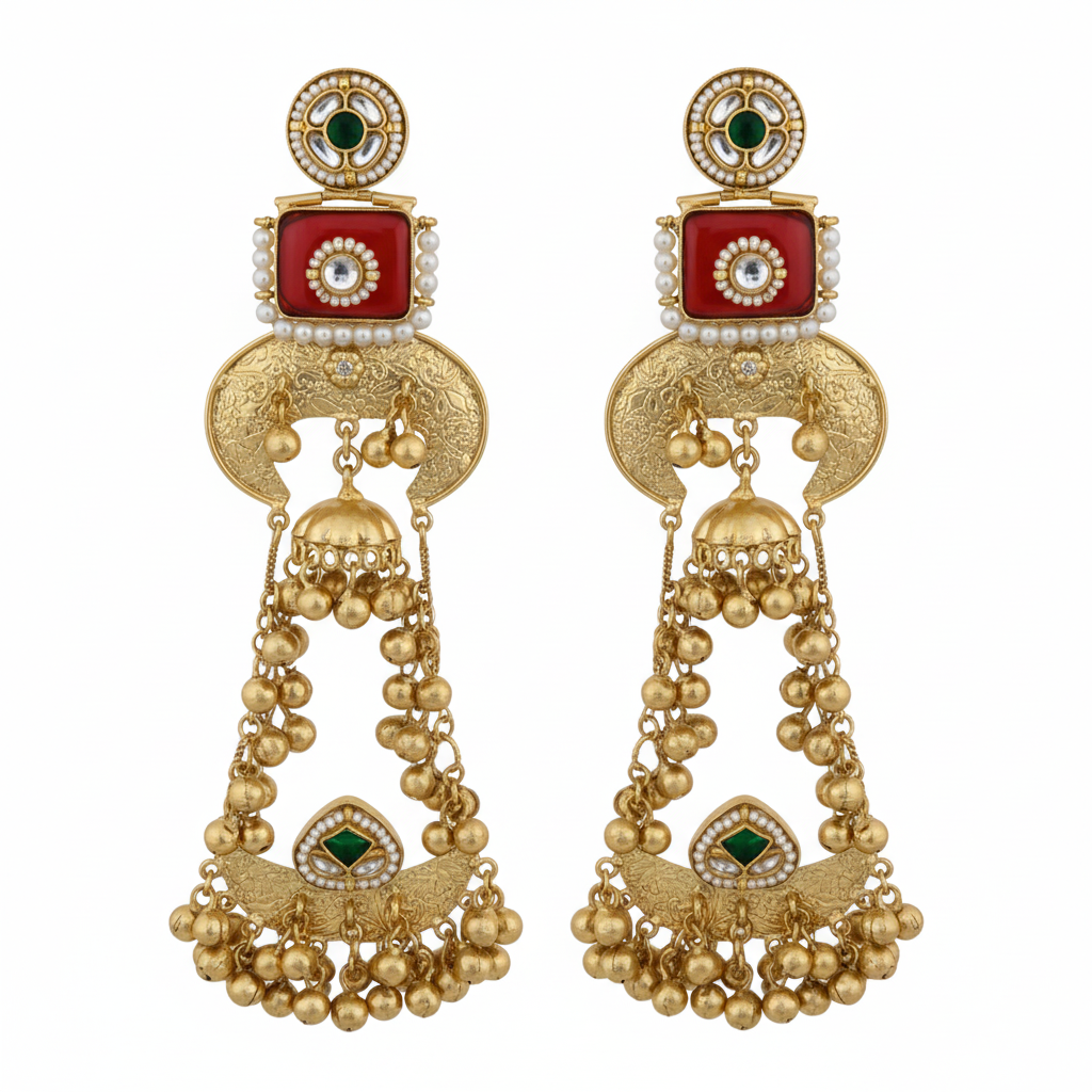 "The Rajwada" Grand Heritage Ruby & Emerald Ghungroo Jhumka