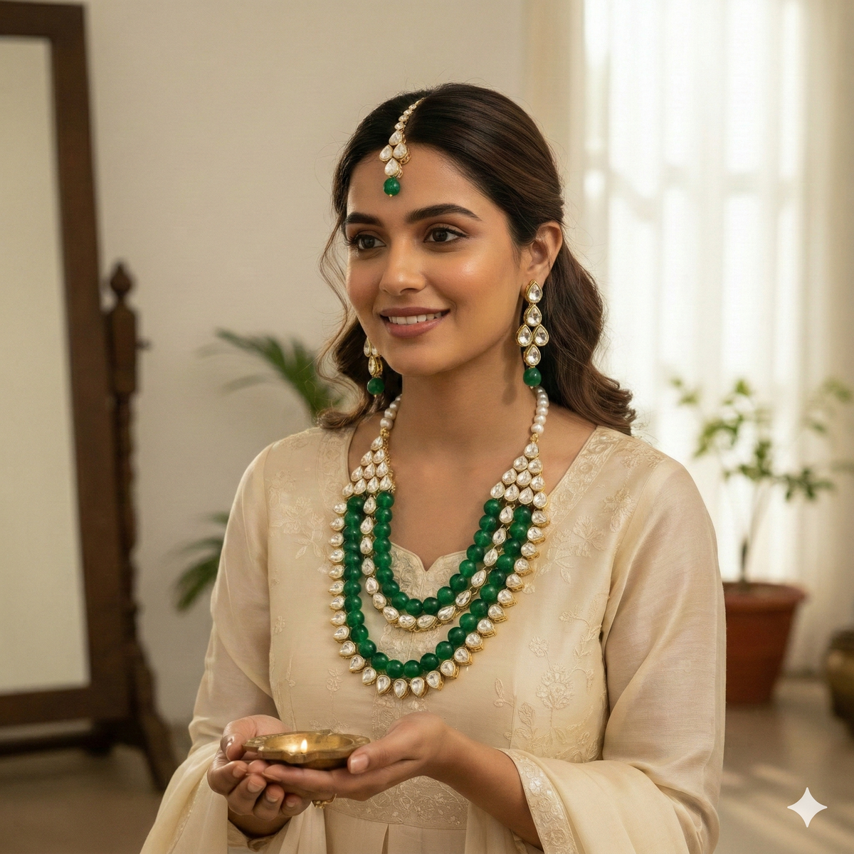 Regal Gold & Green Beaded Multi-Layer Kundan Necklace Set with Maang Tikka and Earrings