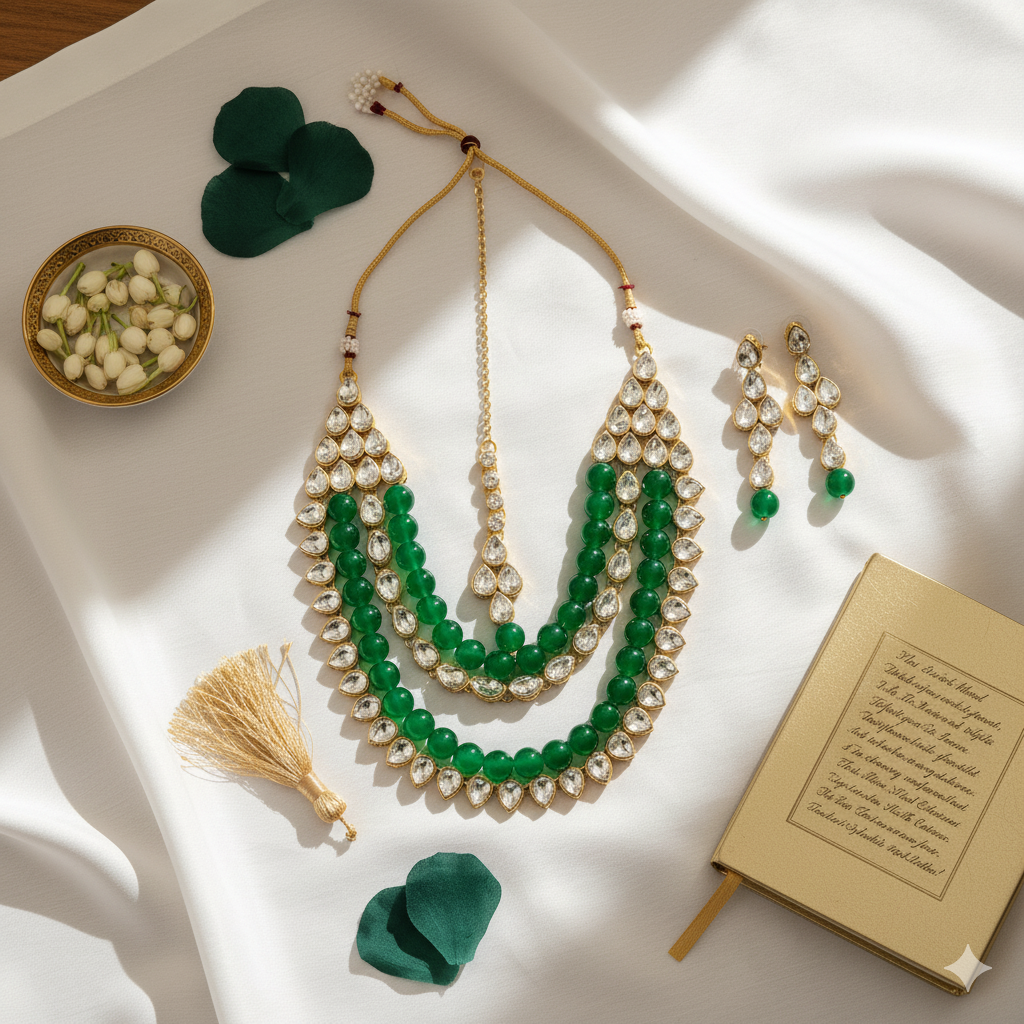 Regal Gold & Green Beaded Multi-Layer Kundan Necklace Set with Maang Tikka and Earrings