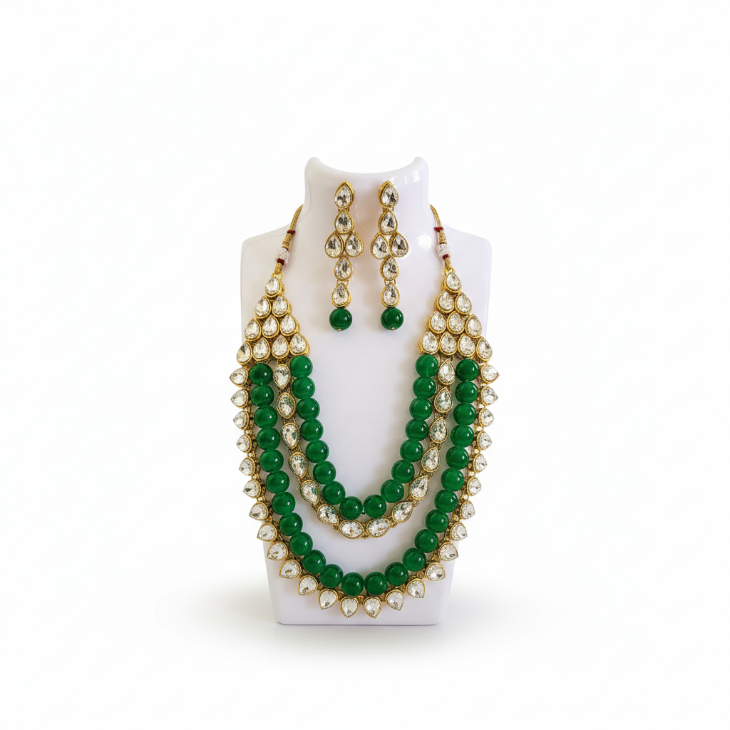Regal Gold & Green Beaded Multi-Layer Kundan Necklace Set with Maang Tikka and Earrings