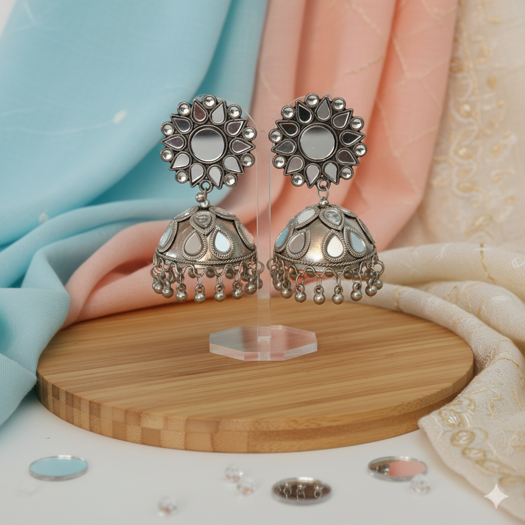 Heavy Oxidised Silver Look Mirror Work Designer Jhumka Earrings