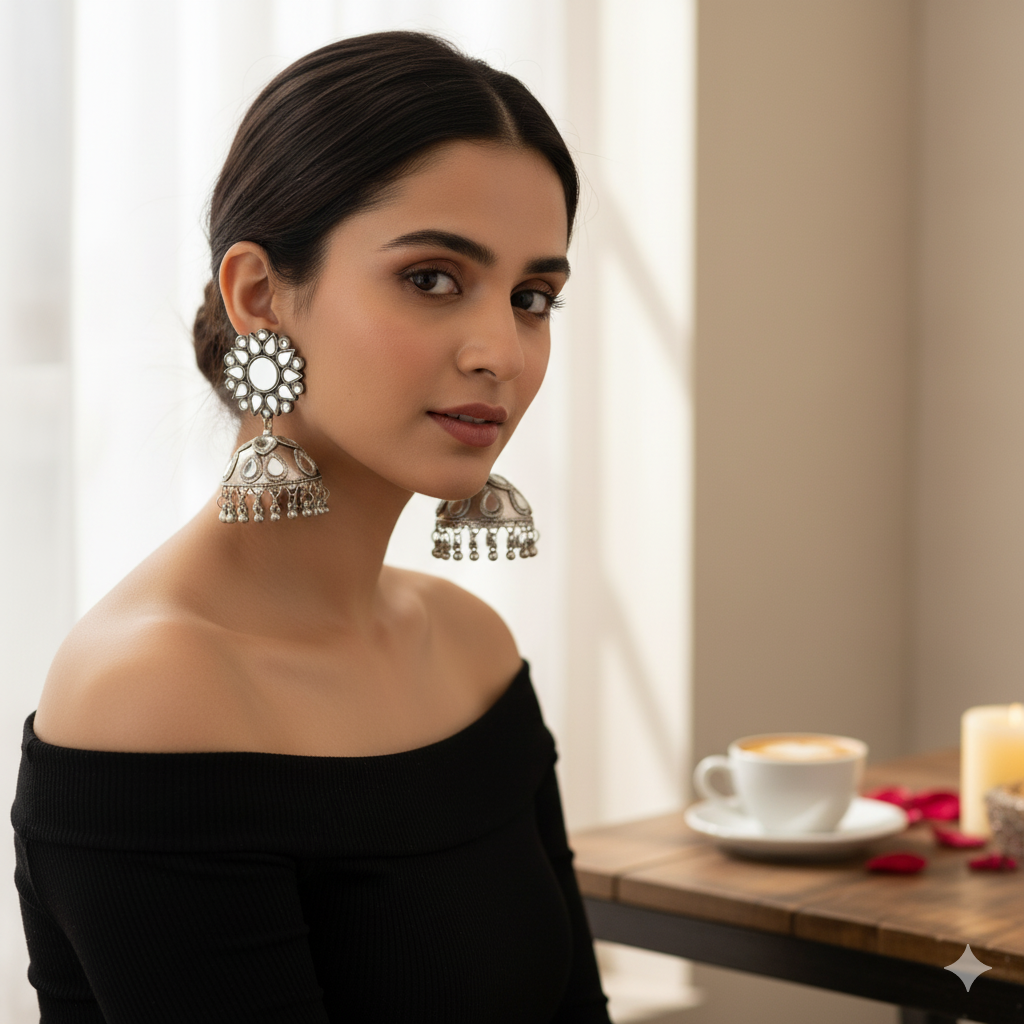 Heavy Oxidised Silver Look Mirror Work Designer Jhumka Earrings