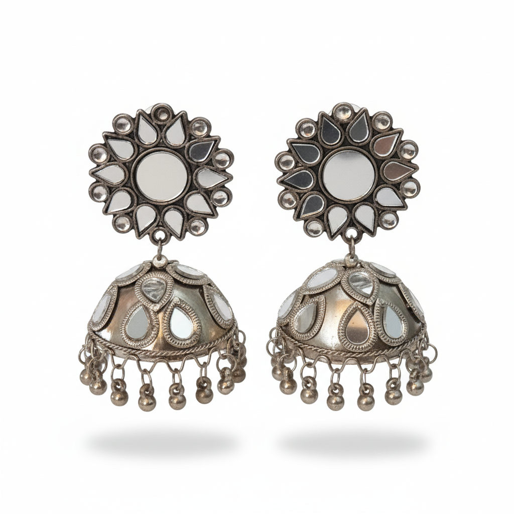 Heavy Oxidised Silver Look Mirror Work Designer Jhumka Earrings