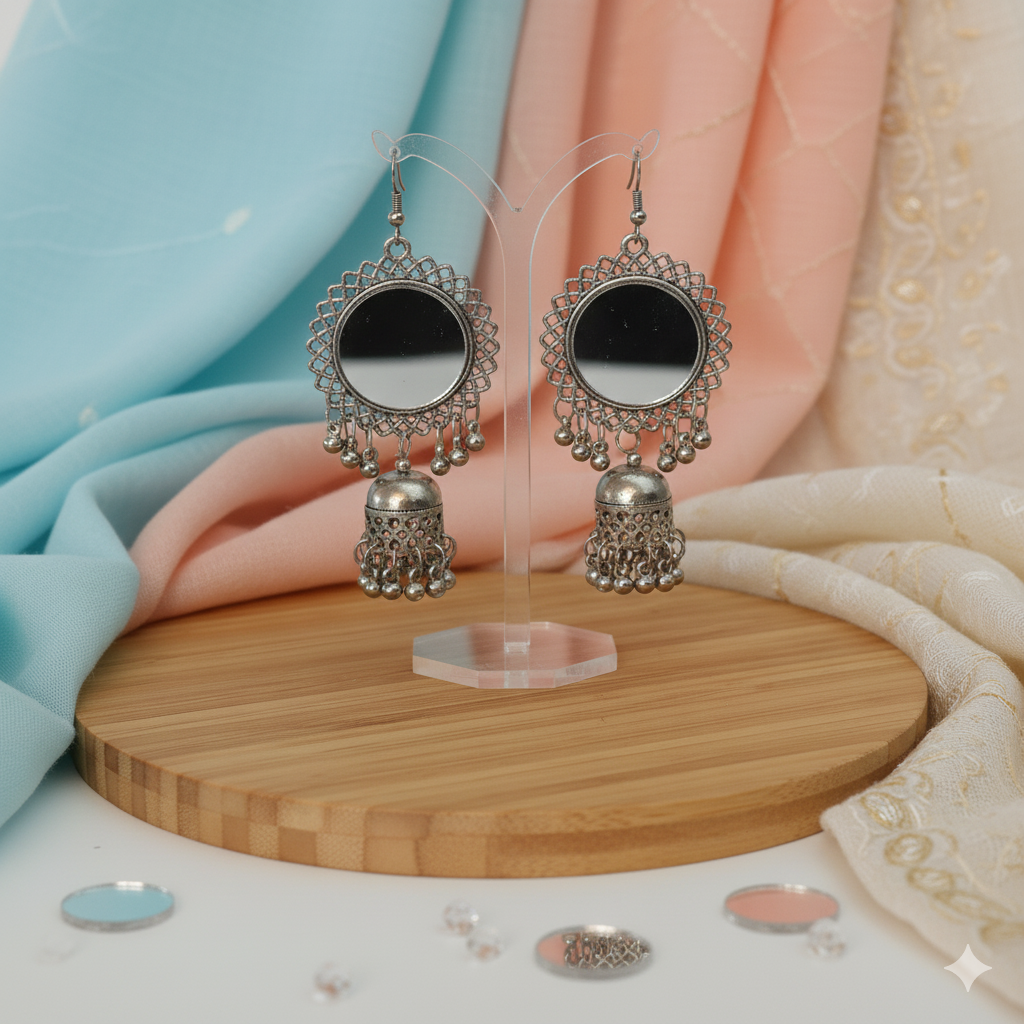 Oxidised Silver Look Round Mirror Stud and Jhumka Hook Earrings