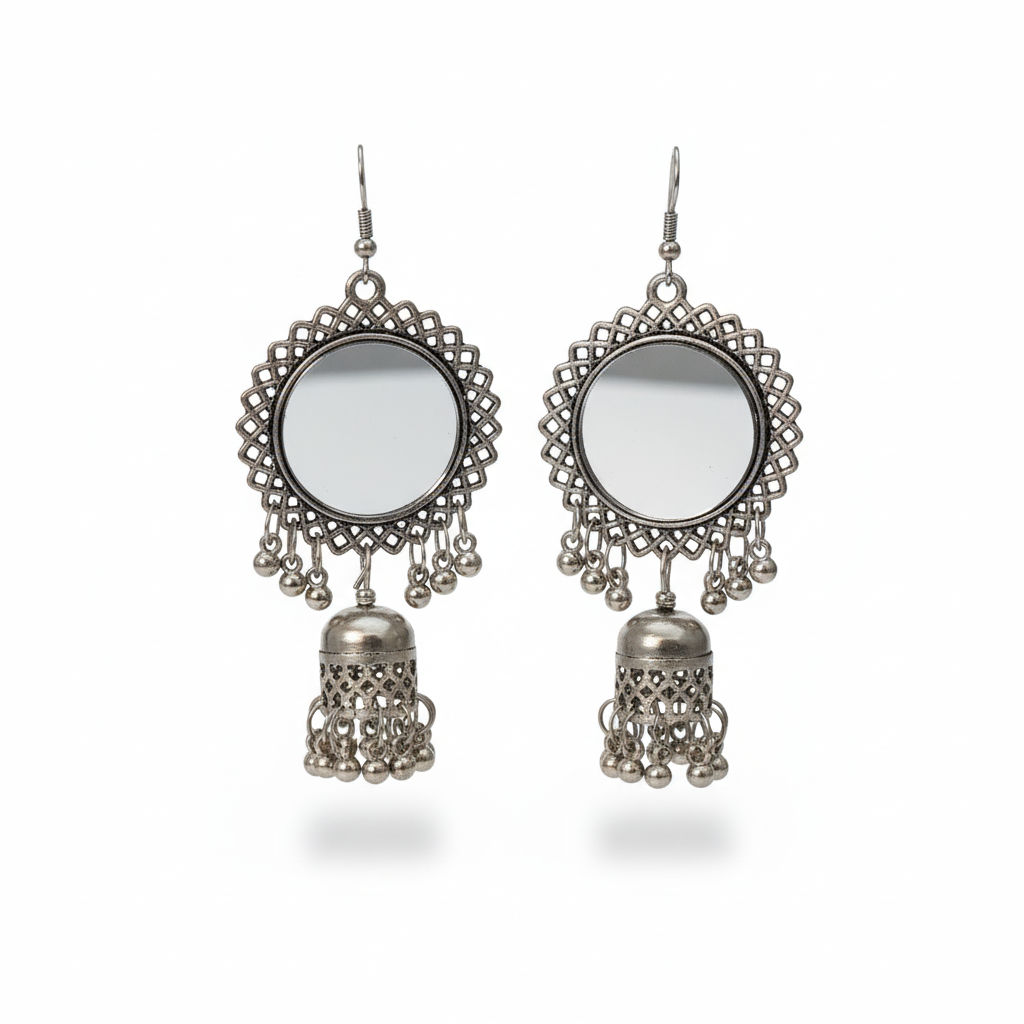Oxidised Silver Look Round Mirror Stud and Jhumka Hook Earrings