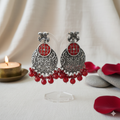 Oxidised Silver Look Red Enamel and Beaded Drop Dangler Earrings