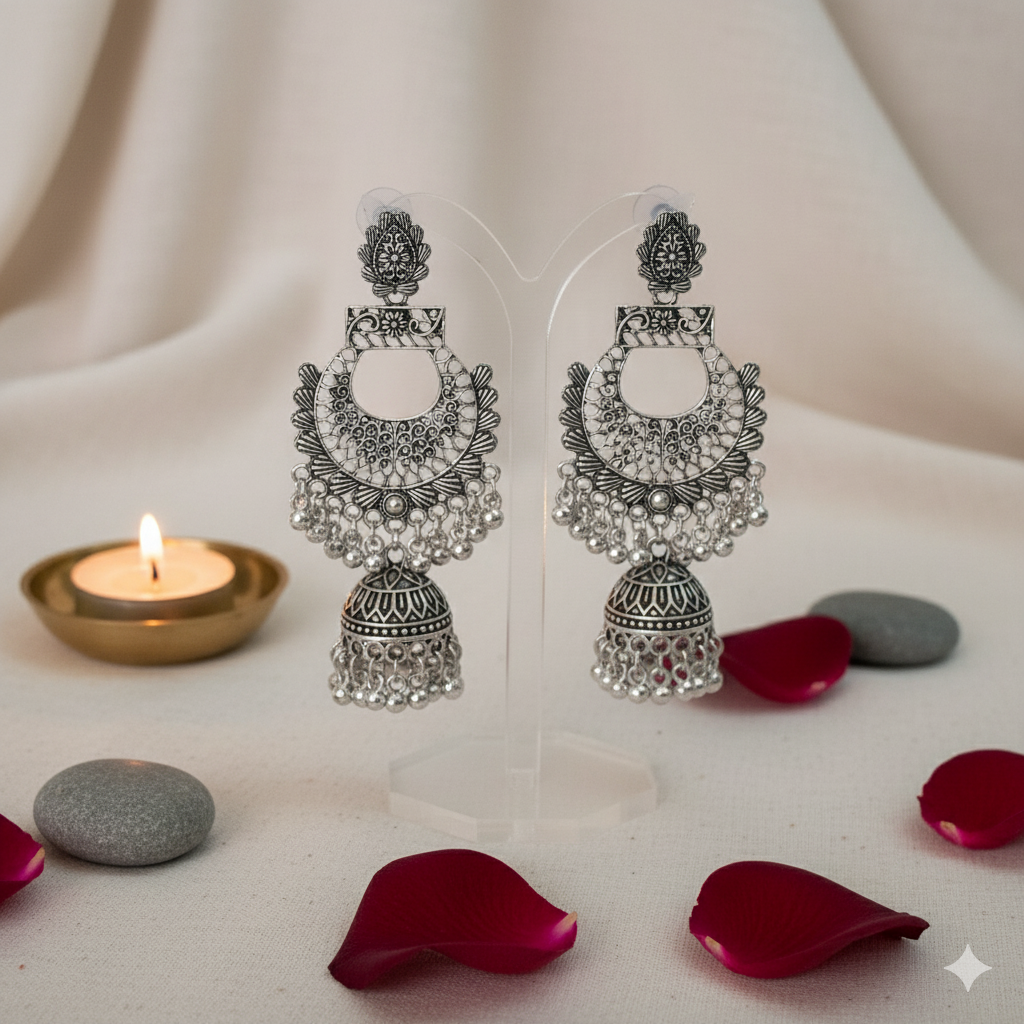 Heavy Oxidised Silver Look Filigree Chandbali Jhumka Earrings