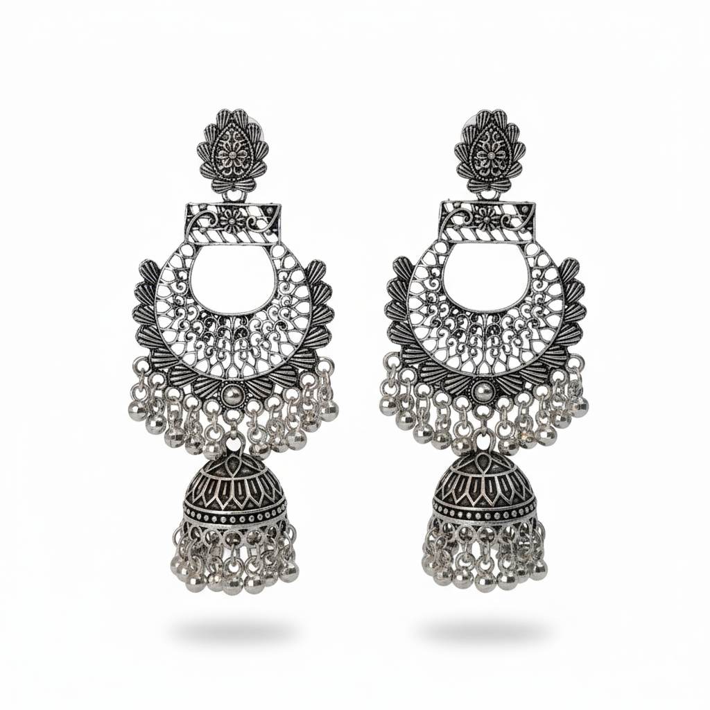 Heavy Oxidised Silver Look Filigree Chandbali Jhumka Earrings