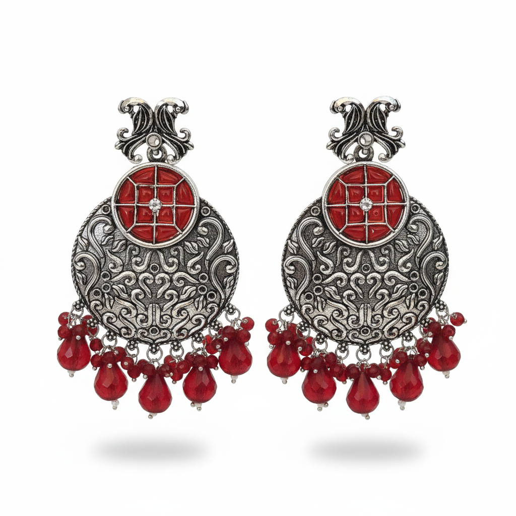 Oxidised Silver Look Red Enamel and Beaded Drop Dangler Earrings