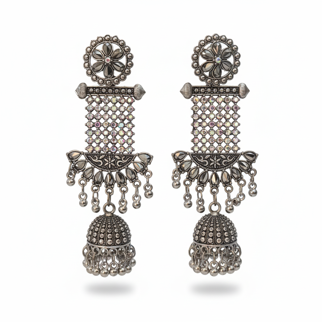 Oxidised Silver Jhumka Earrings with Crystal Mesh Dangler