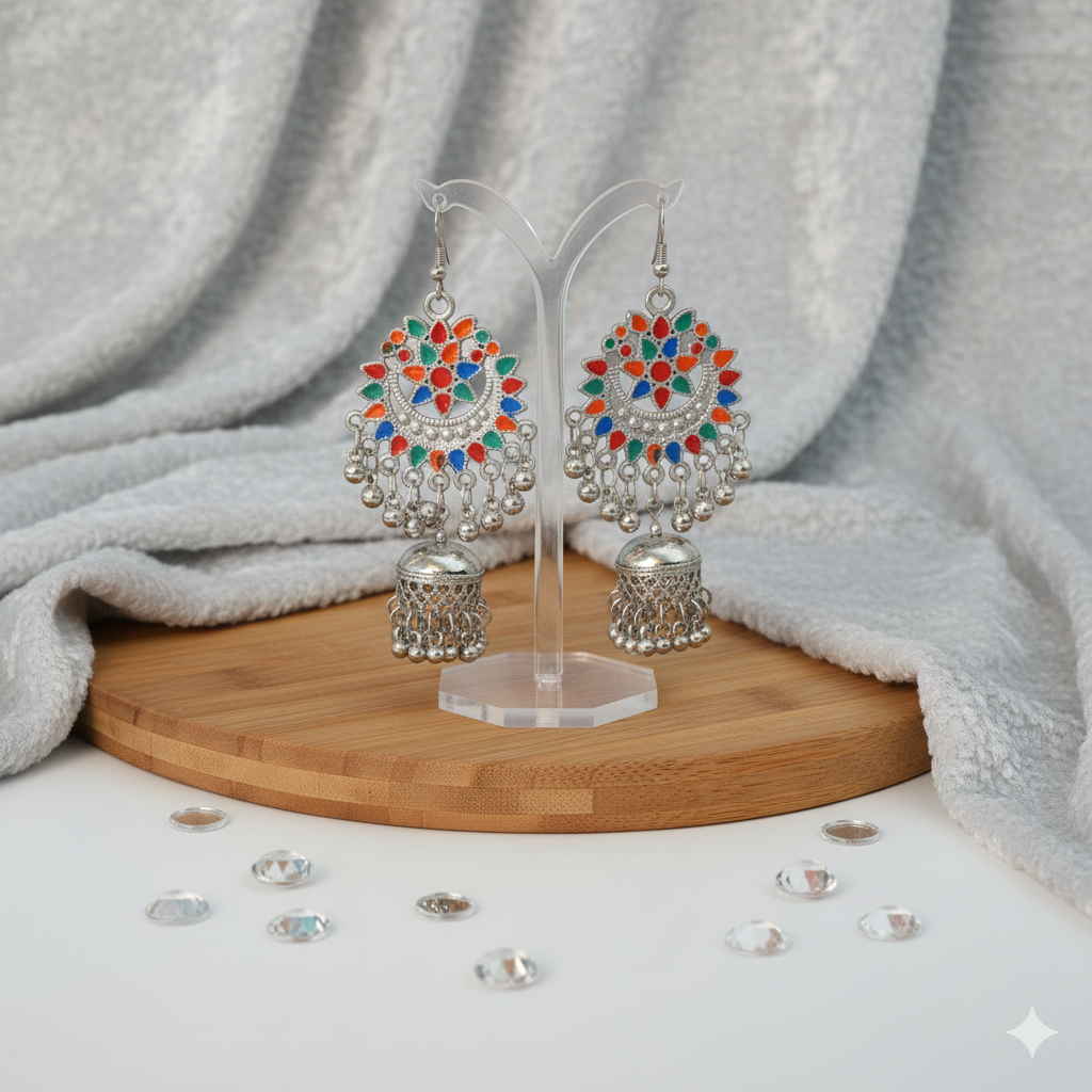 Oxidised Silver-Plated Jhumka Earrings with Multi-Color Enamel Work