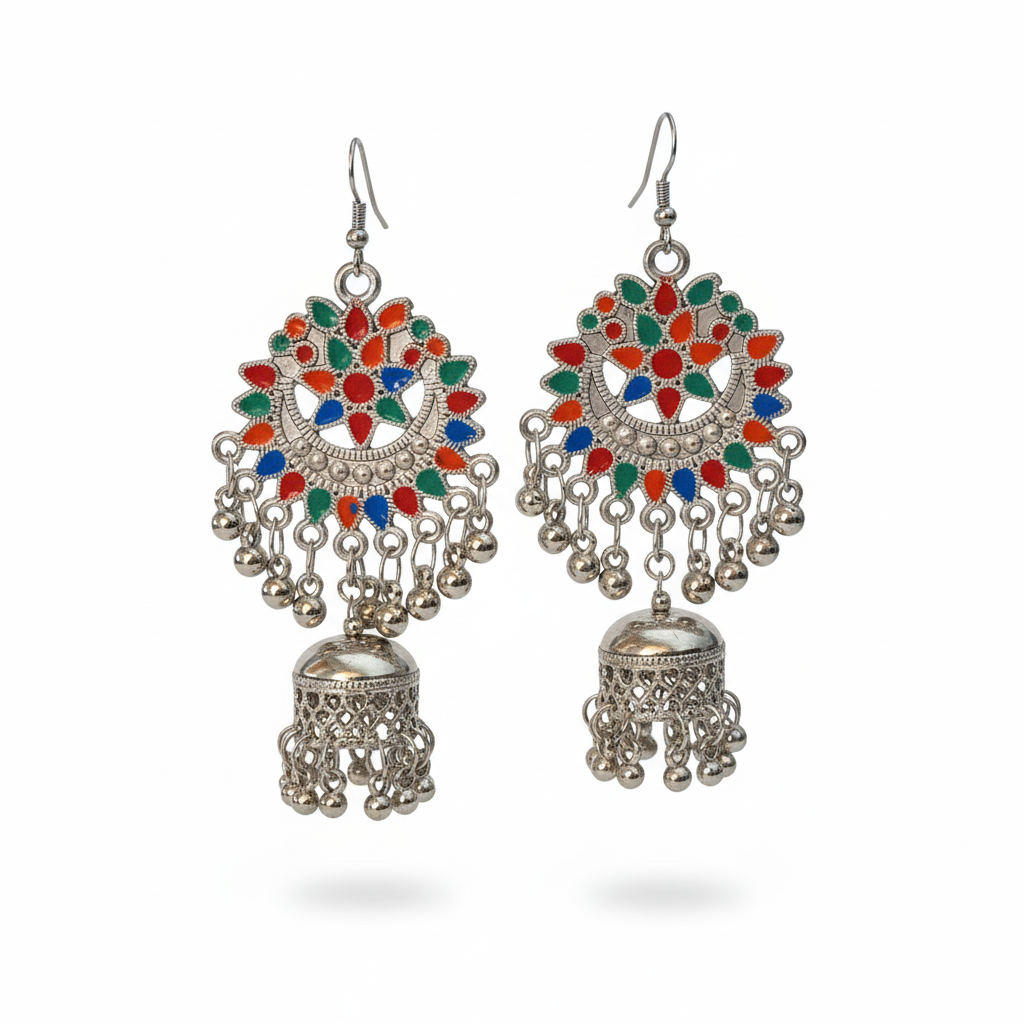 Oxidised Silver-Plated Jhumka Earrings with Multi-Color Enamel Work