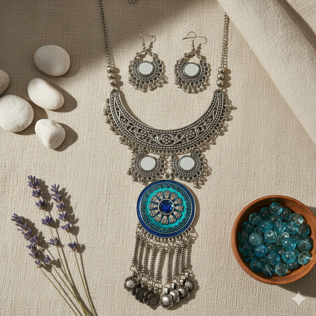 Oxidised Silver Look Blue Enamel and Mirror Work Statement Necklace Set