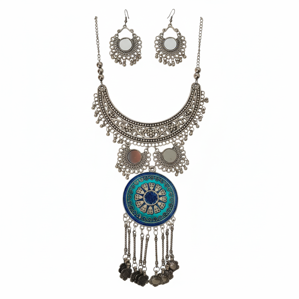Oxidised Silver Look Blue Enamel and Mirror Work Statement Necklace Set