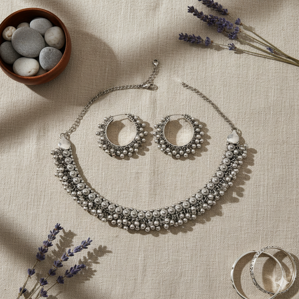 Oxidised Silver Look Ball Chain Choker Necklace and Hoop Earrings Set