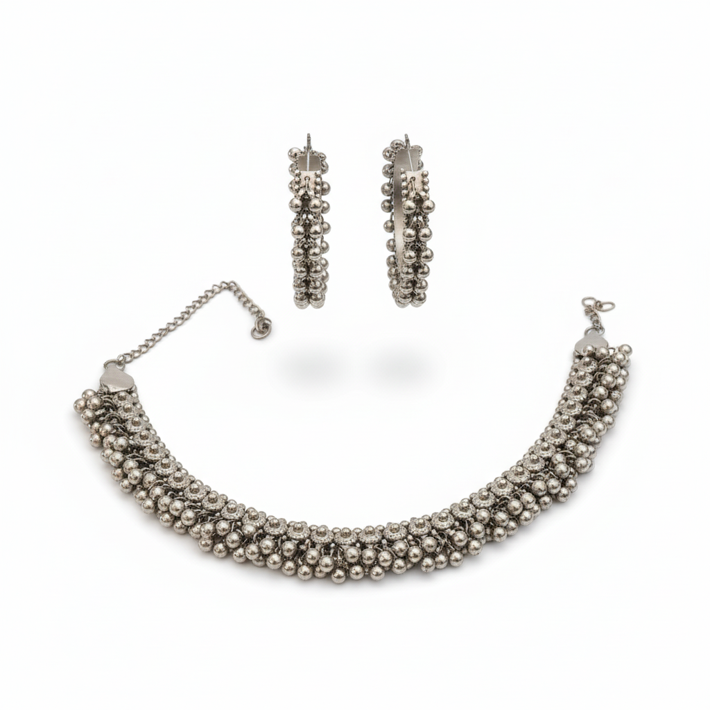 Oxidised Silver Look Ball Chain Choker Necklace and Hoop Earrings Set