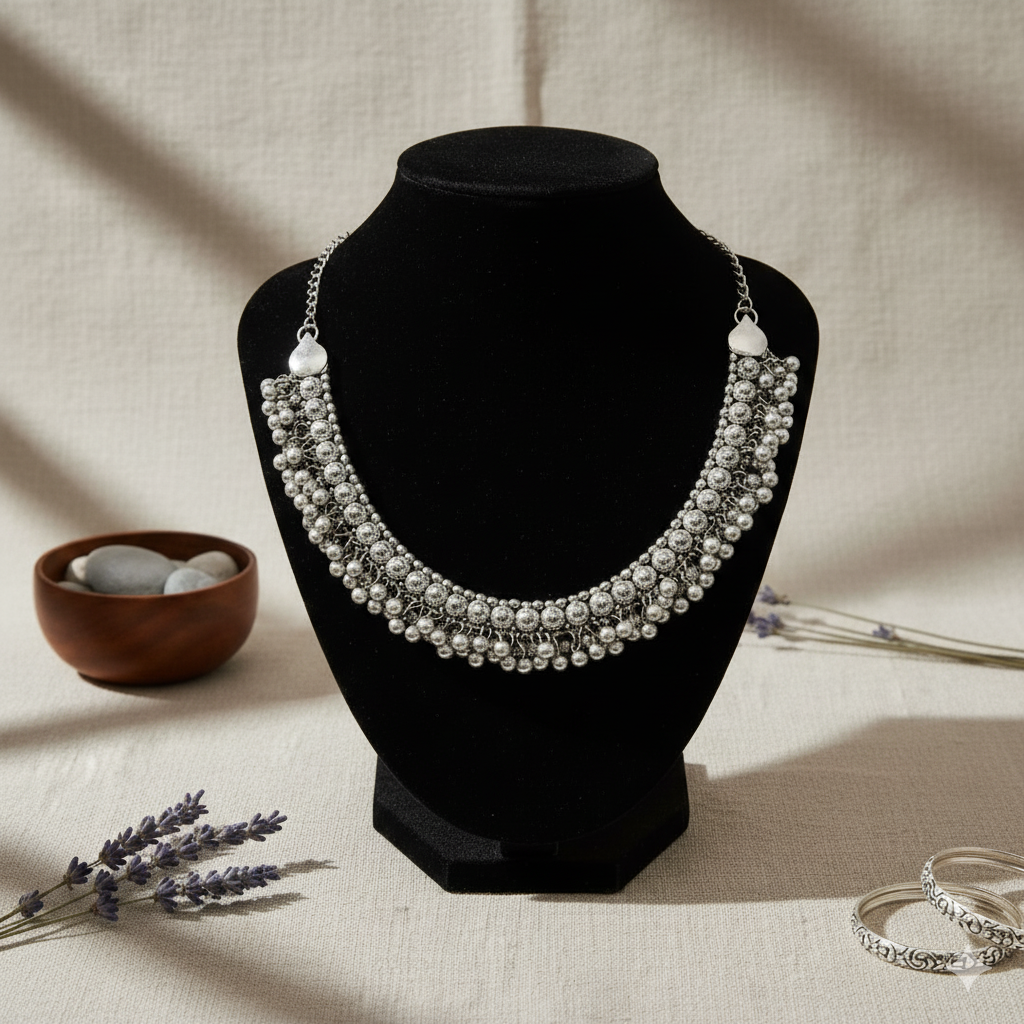 Oxidised Silver Look Ball Chain Choker Necklace and Hoop Earrings Set