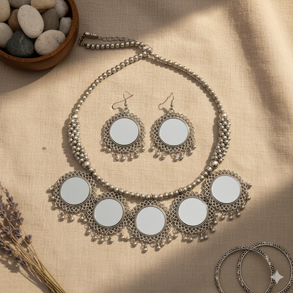 Oxidised Silver Look Mirror Work Choker Necklace and Earrings Set