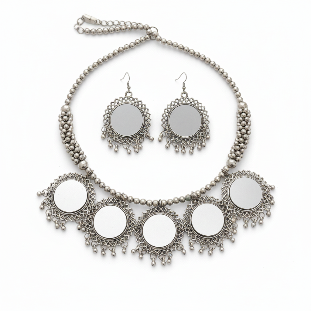 Oxidised Silver Look Mirror Work Choker Necklace and Earrings Set