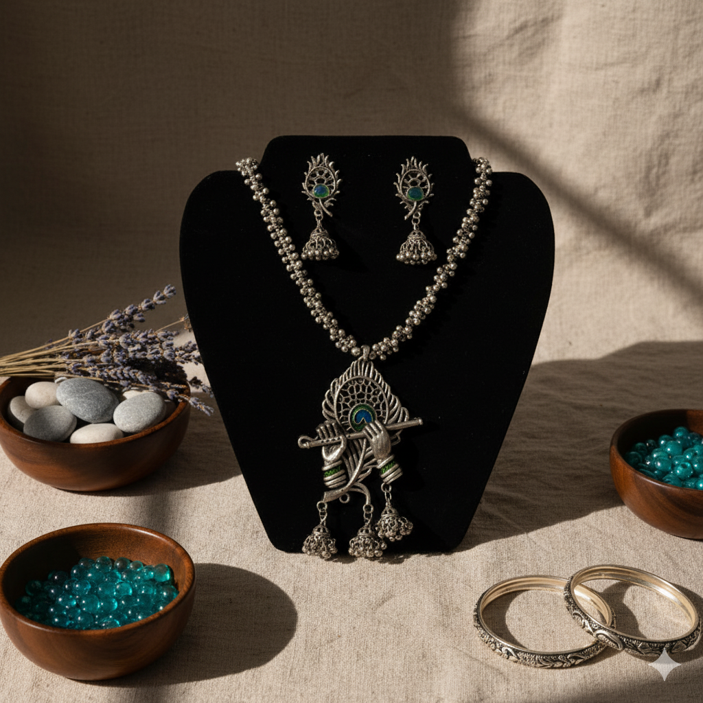 Oxidised Silver Look Lord Krishna Flute Pendant Necklace Set