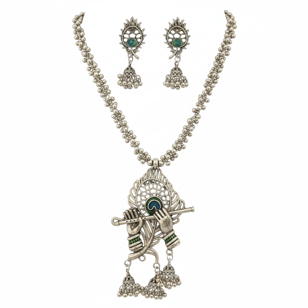 Oxidised Silver Look Lord Krishna Flute Pendant Necklace Set