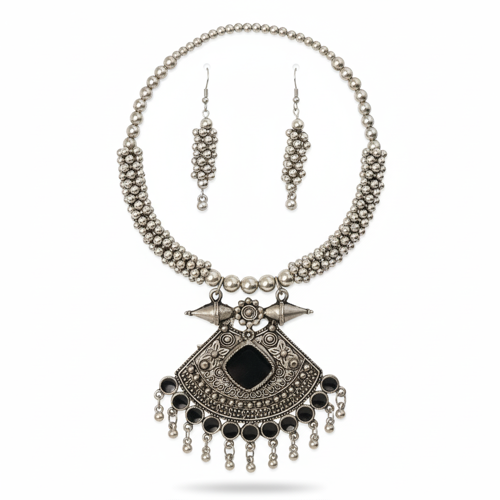 Oxidised Silver Look Tribal Statement Pendant Necklace Set