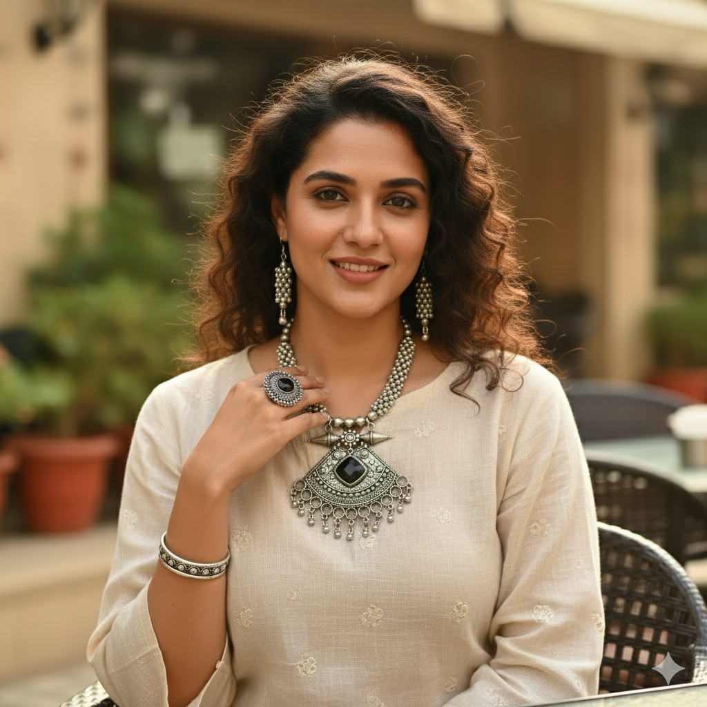 Oxidised Silver Look Tribal Statement Pendant Necklace Set