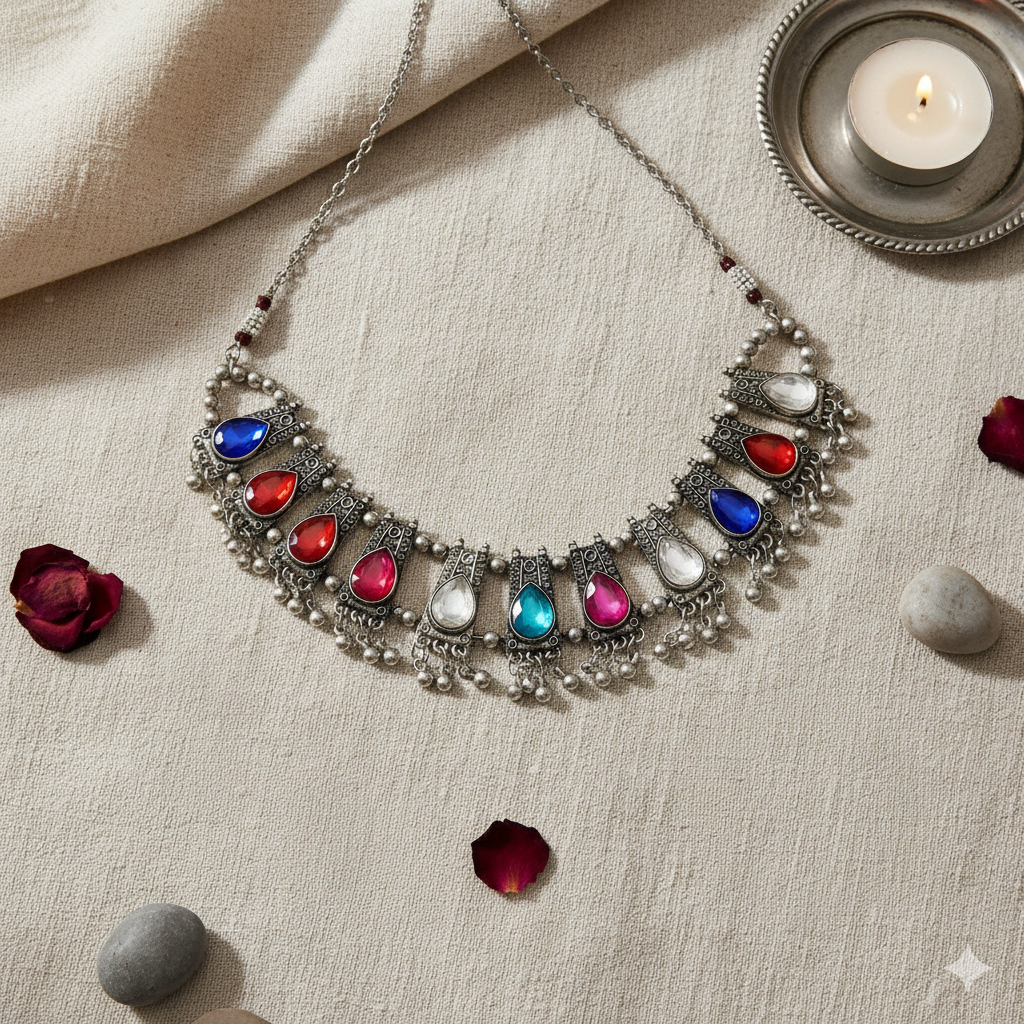 Oxidised Silver Look Multi-Colour Stone Droplet Choker Necklace