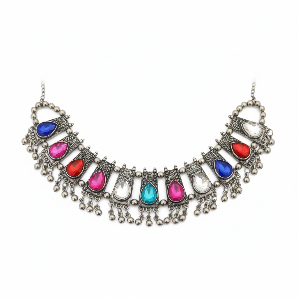 Oxidised Silver Look Multi-Colour Stone Droplet Choker Necklace