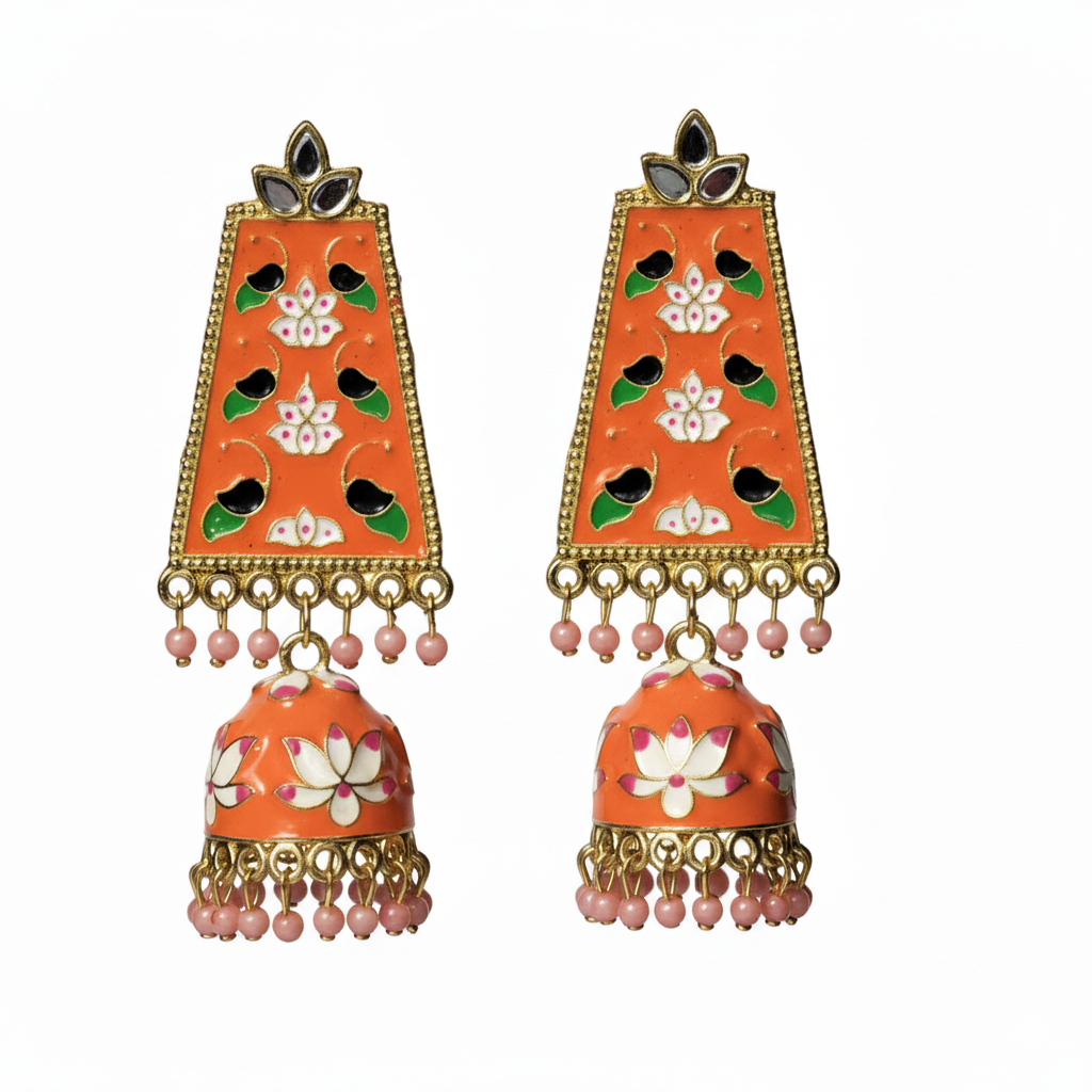 Saffron Lotus Meenakari Jhumkas – Hand-Painted Enamel Drops