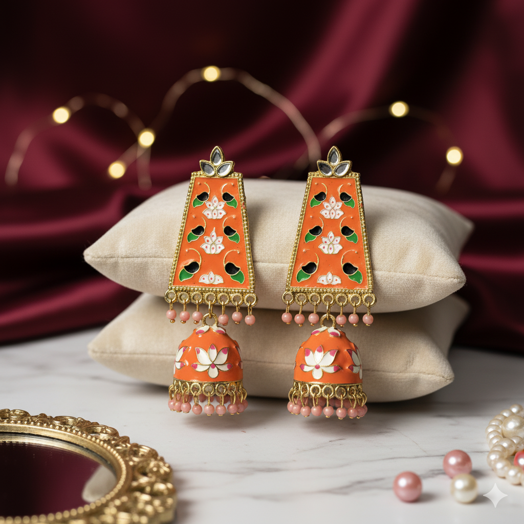 Saffron Lotus Meenakari Jhumkas – Hand-Painted Enamel Drops