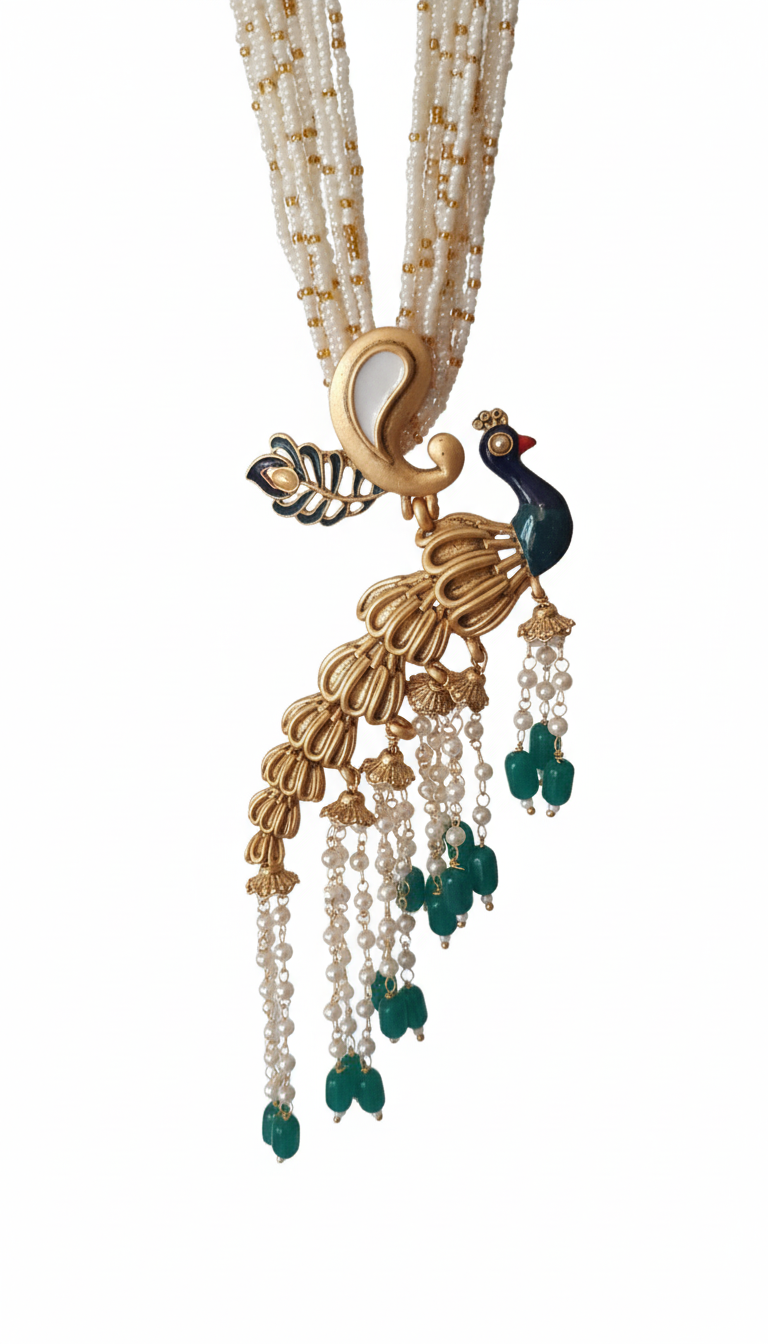 Royal Peacock Gold & Pearl Statement Necklace and Earrings Set