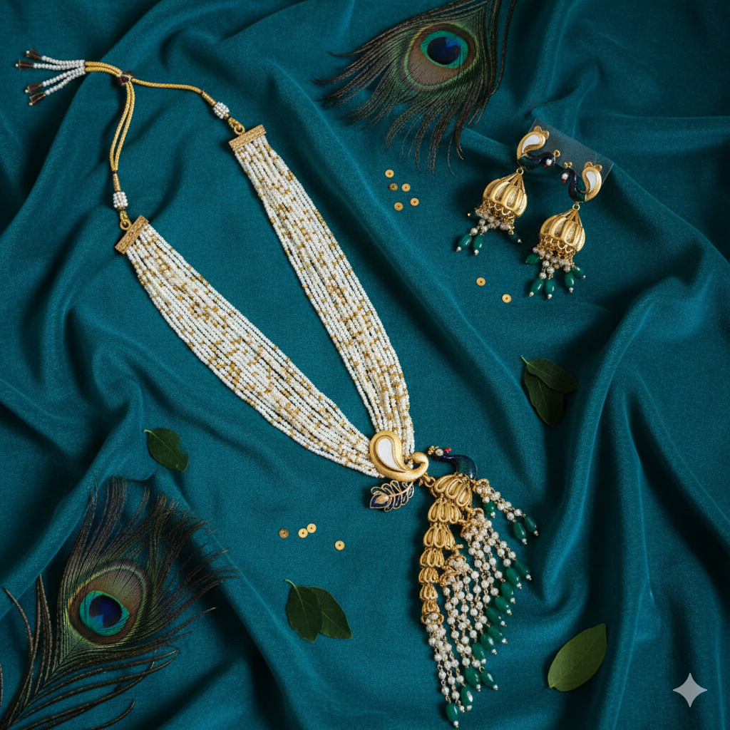 Royal Peacock Gold & Pearl Statement Necklace and Earrings Set