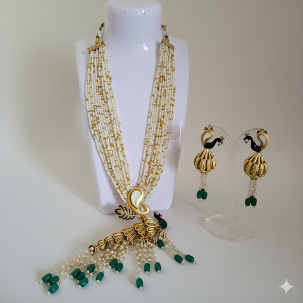Royal Peacock Gold & Pearl Statement Necklace and Earrings Set