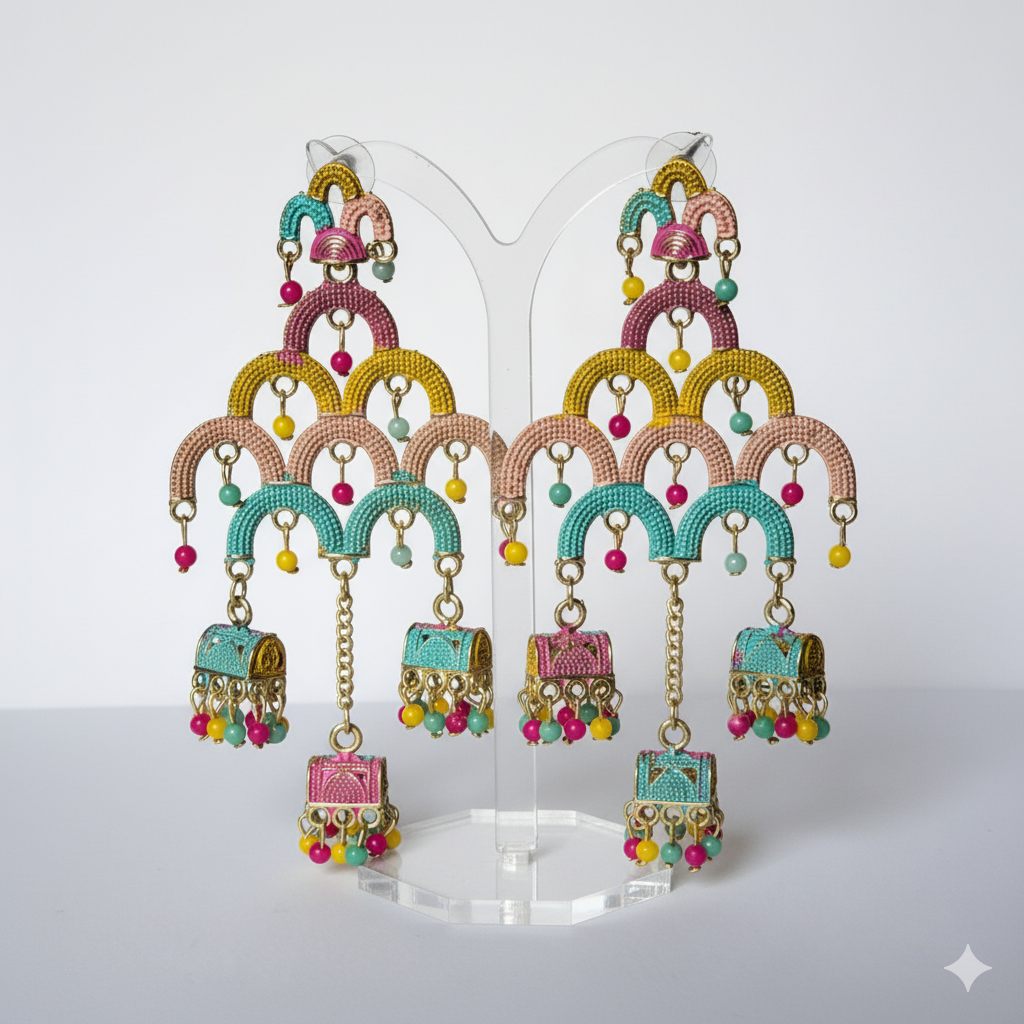Sorbet Skies Tiered Meenakari Jhumka Earrings – Pastel Multi-Tone