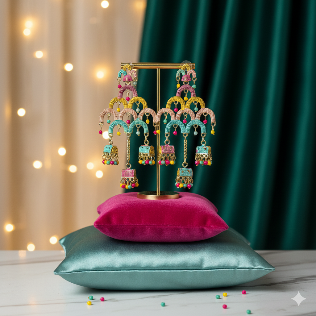 Sorbet Skies Tiered Meenakari Jhumka Earrings – Pastel Multi-Tone