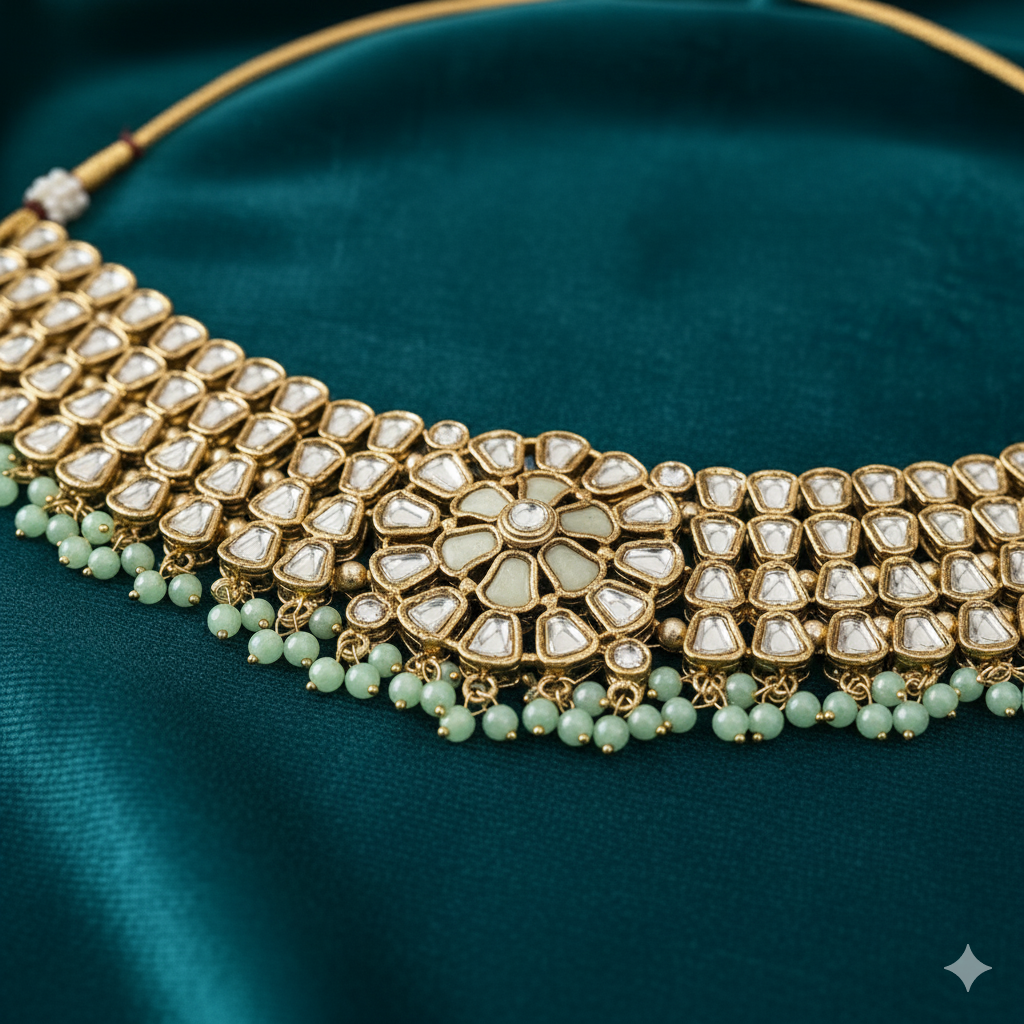 Traditional Indian Kundan & Pearl Effect Choker Necklace Set with Maang Tikka