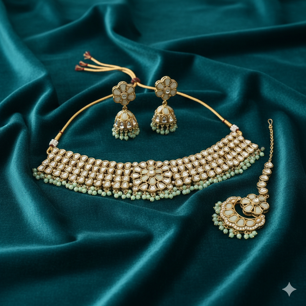 Traditional Indian Kundan & Pearl Effect Choker Necklace Set with Maang Tikka