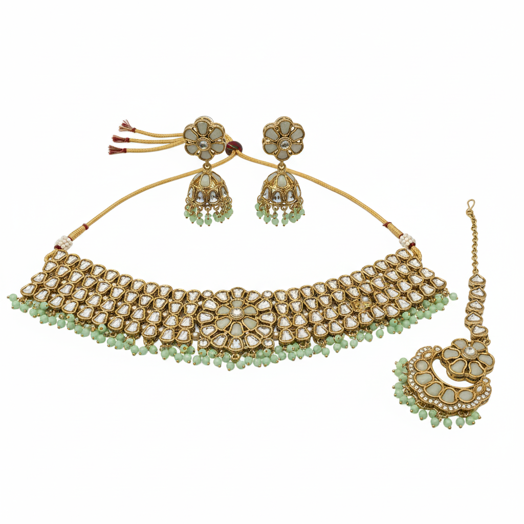 Traditional Indian Kundan & Pearl Effect Choker Necklace Set with Maang Tikka