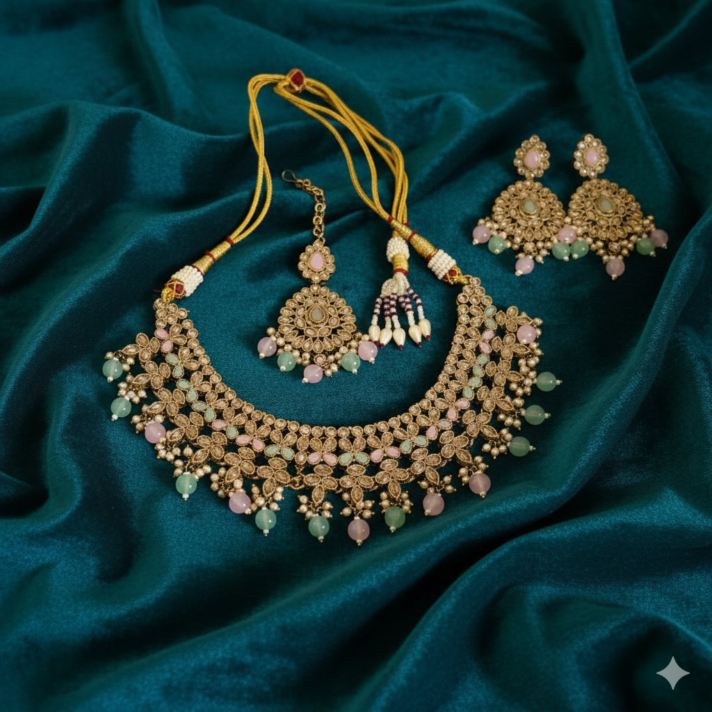 Antique Gold-Plated Polki & Pastel Bead Necklace Set with Maang Tikka