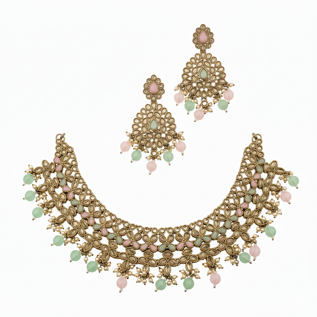 Antique Gold-Plated Polki & Pastel Bead Necklace Set with Maang Tikka