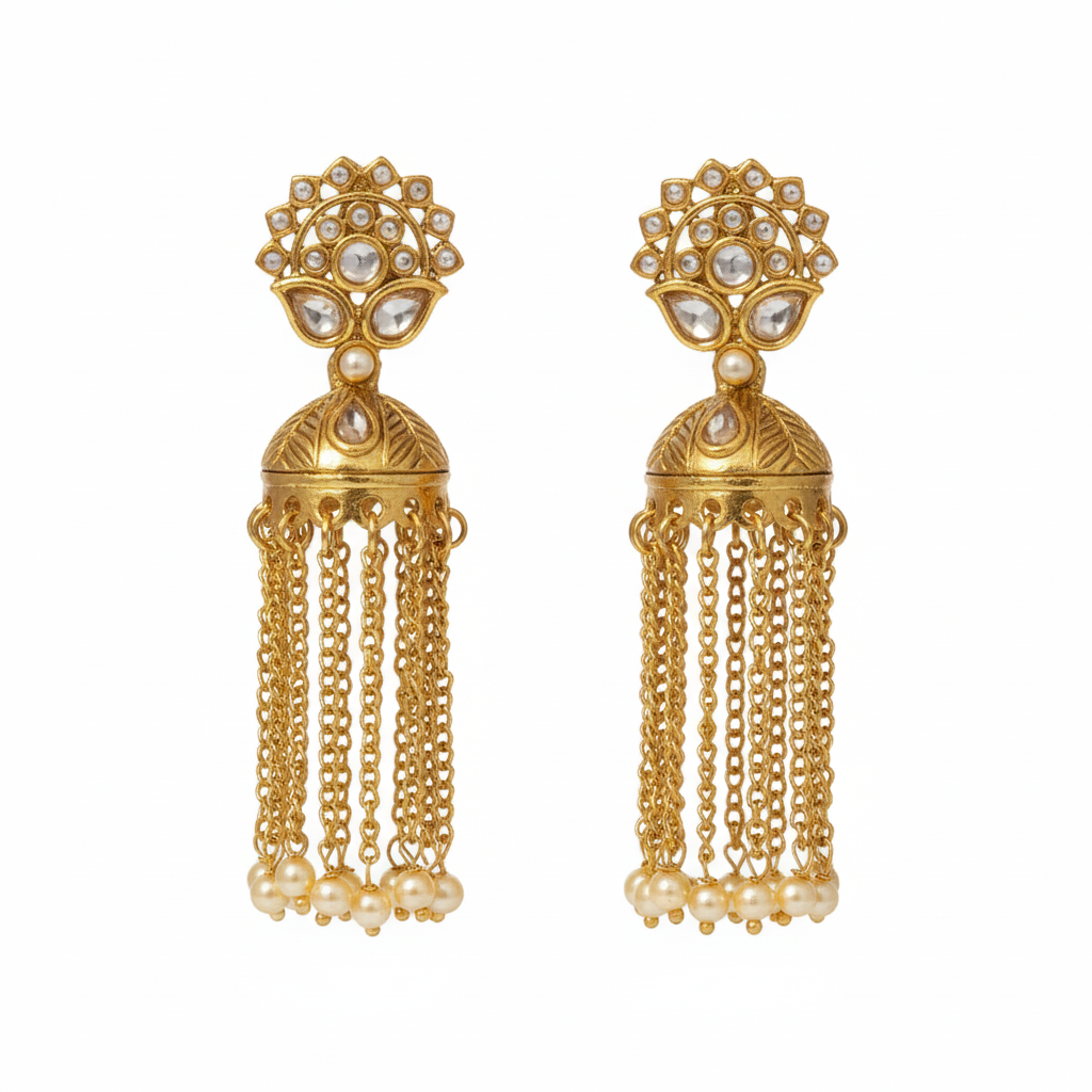 Classic Kundan Jhumka Earrings with Dangling Gold Chains & Pearl Drops