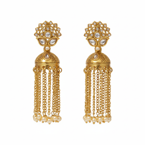 Classic Kundan Jhumka Earrings with Dangling Gold Chains & Pearl Drops