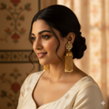 Classic Kundan Jhumka Earrings with Dangling Gold Chains & Pearl Drops