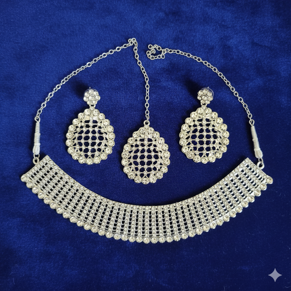Silver-Tone Crystal Choker Set: Statement Necklace, Maang Tikka & Jali-Pattern Earrings