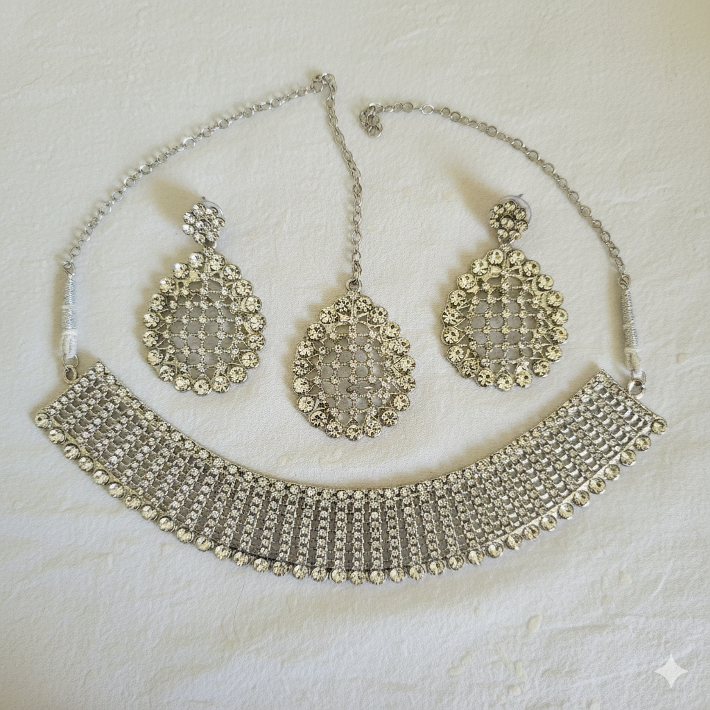 Silver-Tone Crystal Choker Set: Statement Necklace, Maang Tikka & Jali-Pattern Earrings
